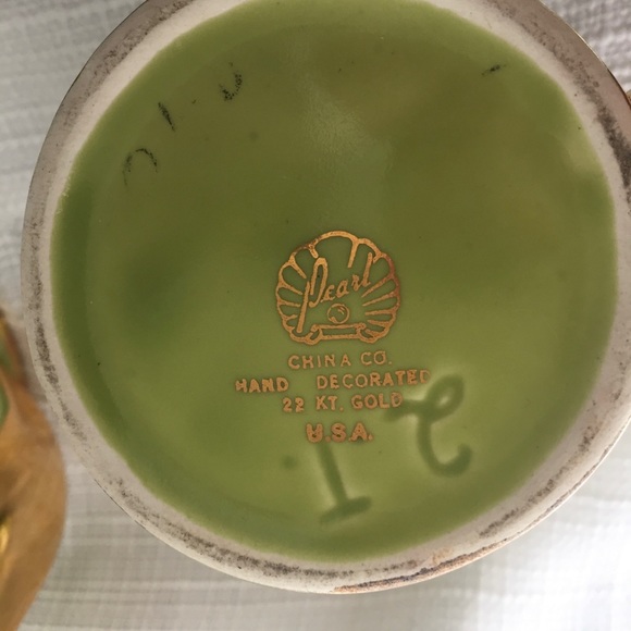 Vintage Pearl Co Teapot Set 22 kt Gold Green Luster Creamer Sugar USA - Picture 12 of 13